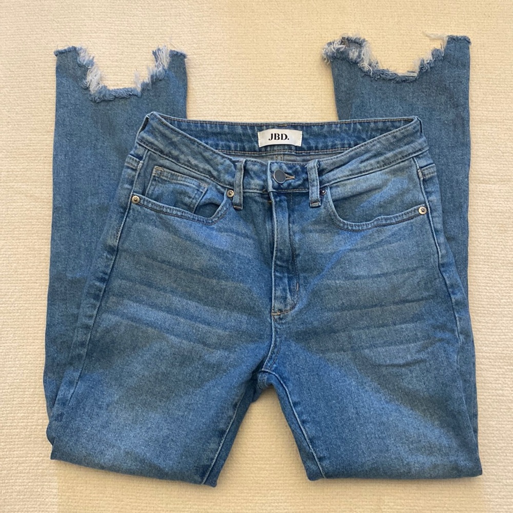 JBD “just black denim” light denim color straight leg distressed hem